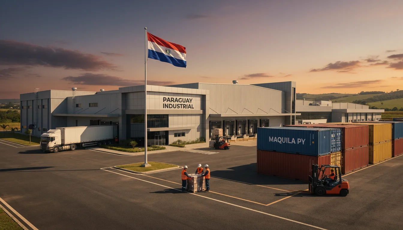 Planta industrial no Paraguai com contêineres Maquila PY e bandeira paraguaia