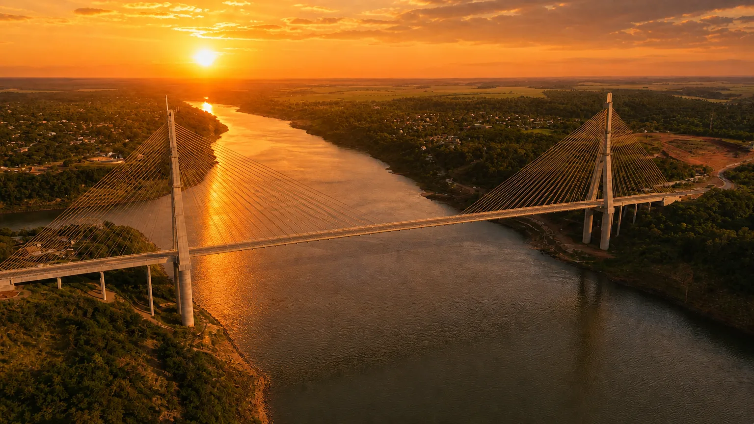 Ponte estaiada sobre o rio ao pôr do sol na Rota Bioceânica