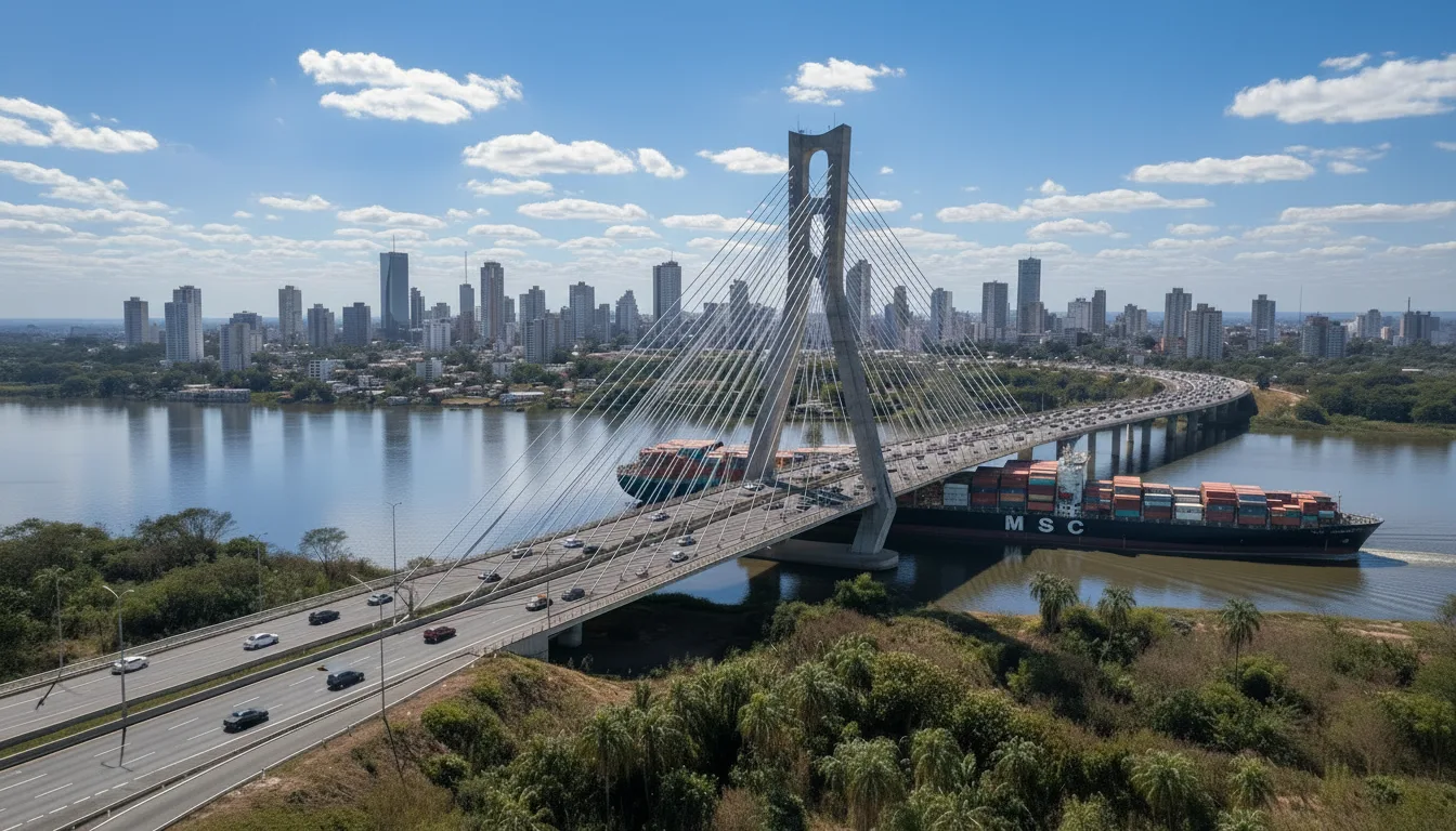 Navio porta-contêineres passando sob ponte estaiada com a cidade ao fundo
