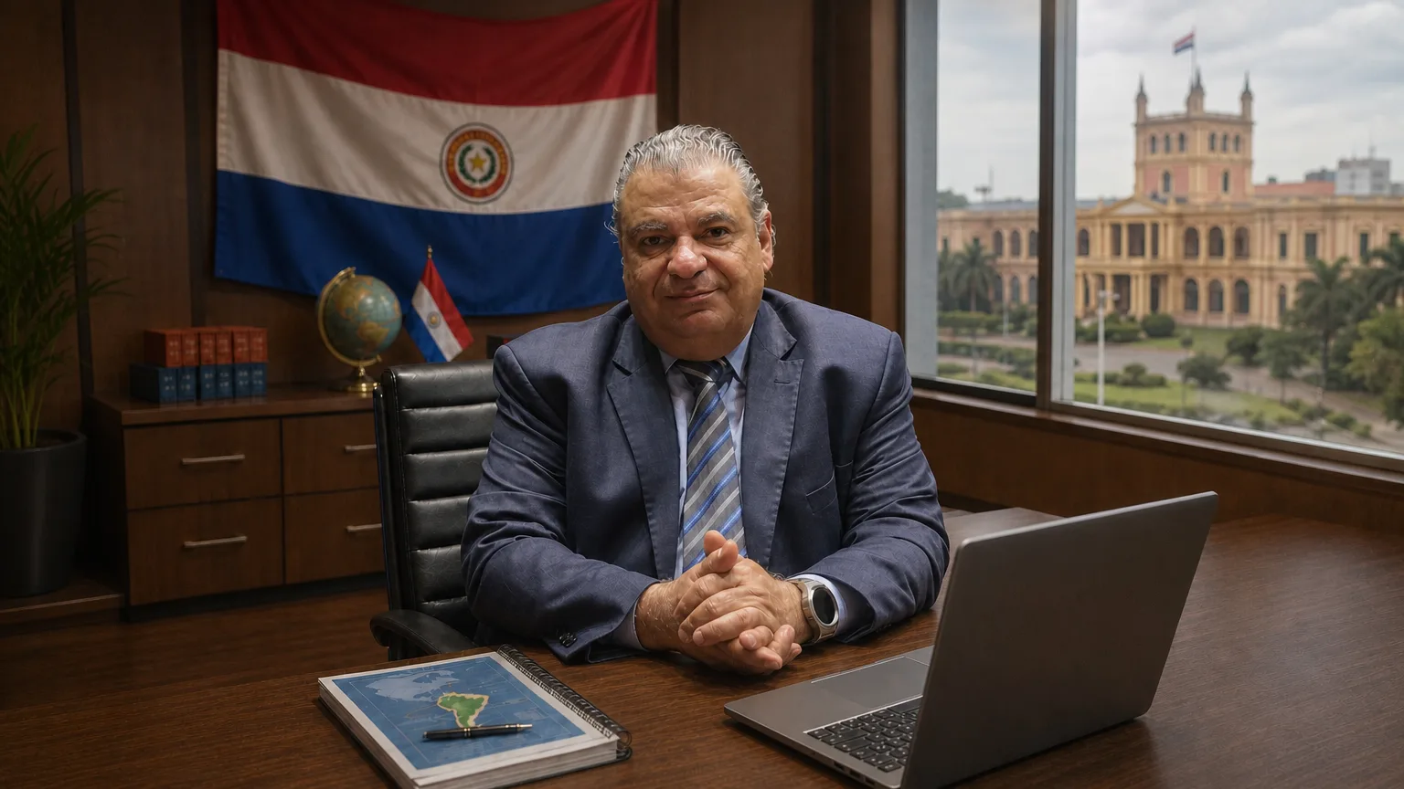 Executivo em escritório com a bandeira do Paraguai